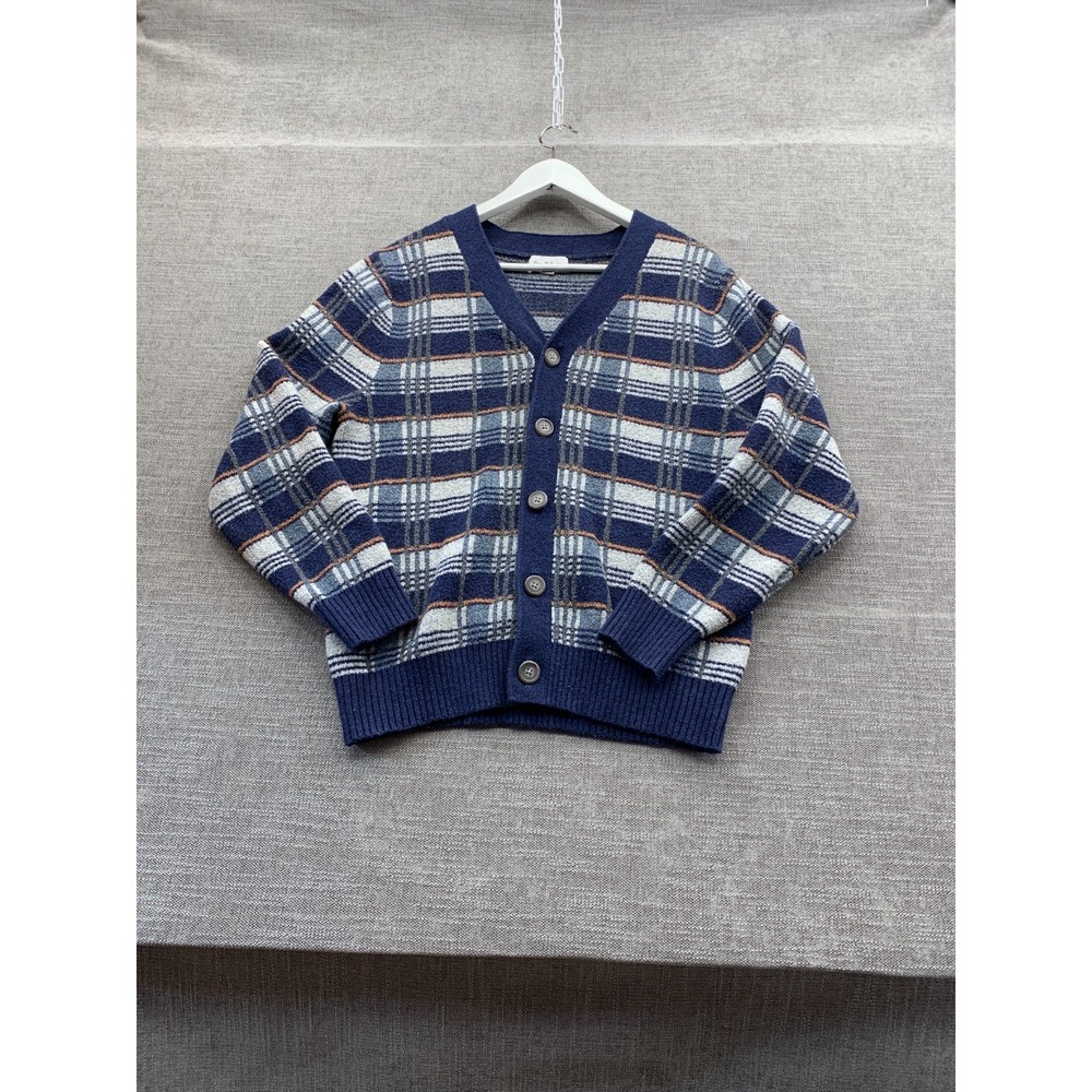 Goodfellow & Co Cardigan Sweater Mens Small Blue Multi Plaid Tight Knit V Neck